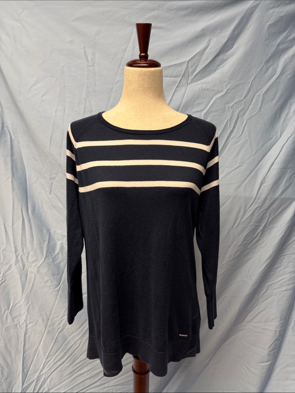 Nautica Navy Long-Sleeve Top with Cream Stripes